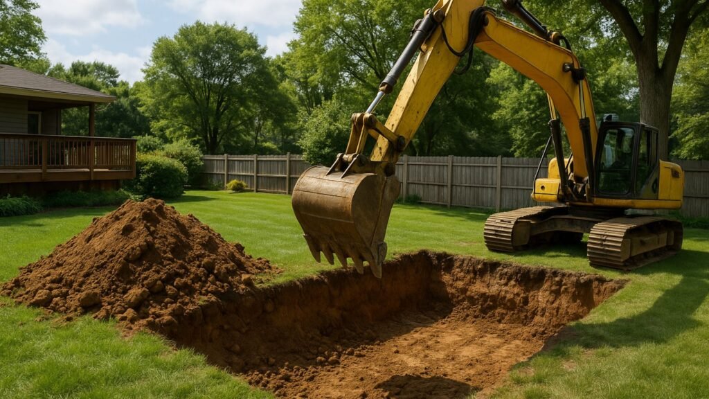 Construction excavator positioned over dirt pile in Connecticut residential backyard project
