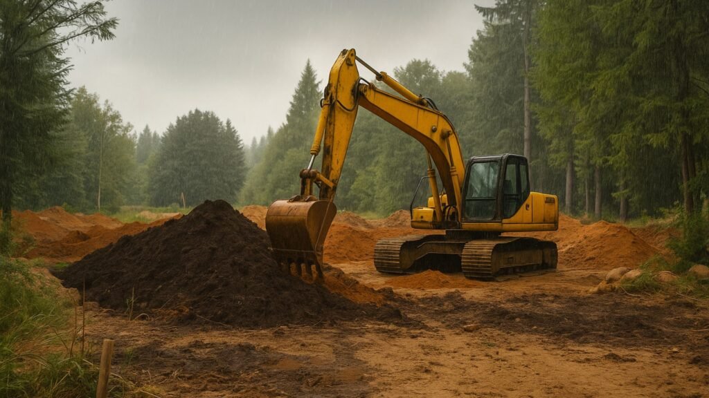 Yellow excavator operating in a forest clearing with mounds of dirt and dark soil in the foreground.