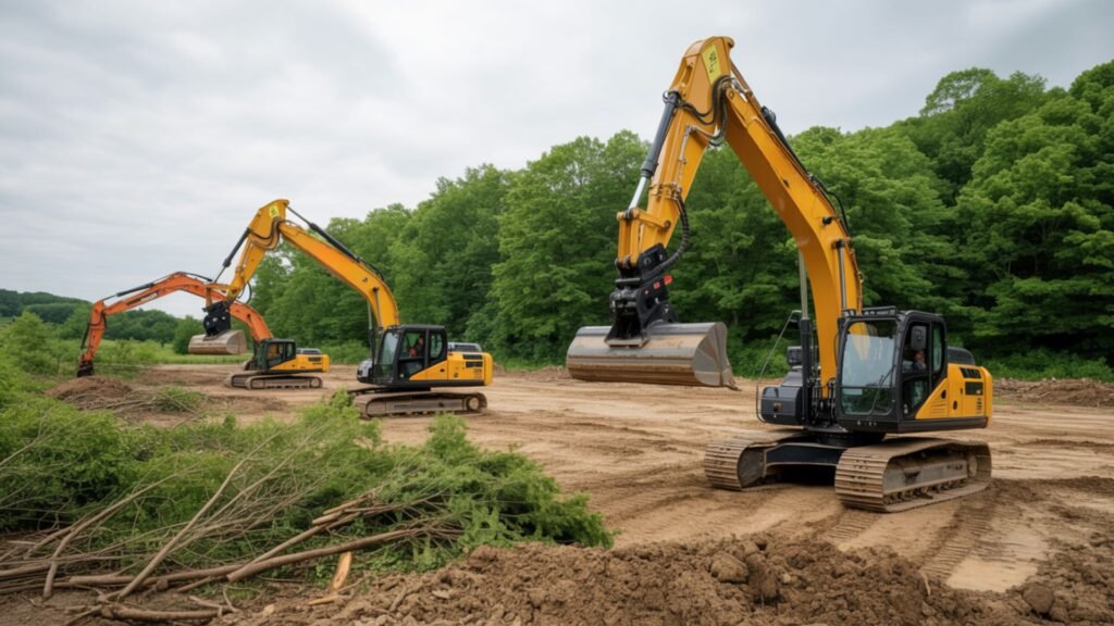 Multiple excavators working on a cleared dirt site with brush piles and dense green trees in the background