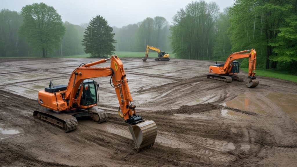 Three excavators grading and leveling a wide muddy field during rainfall