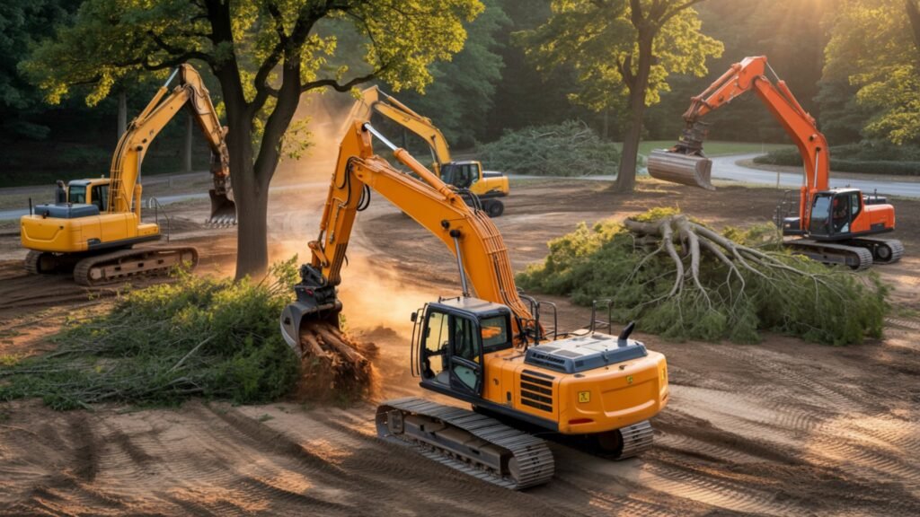 Multiple excavators working together to remove large trees and brush on a cleared dirt site