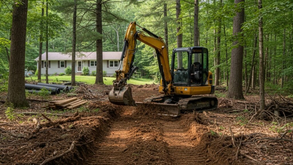 Compact excavator creating access road through wooded area in Seymour CT