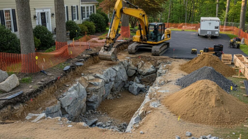 Foundation excavation for home addition at Georgian Colonial in Southbury Connecticut