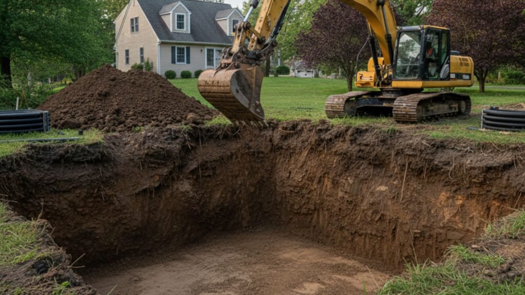 Yellow excavator performing deep basement excavation at Cape Cod home in Seymour CT