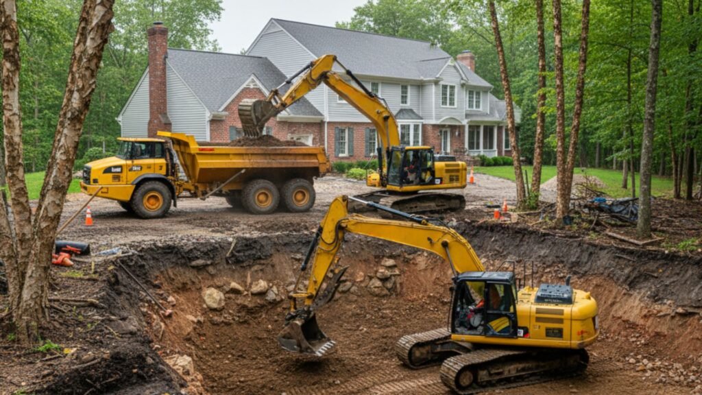 Two excavators and dump truck working on basement excavation in Woodbridge CT