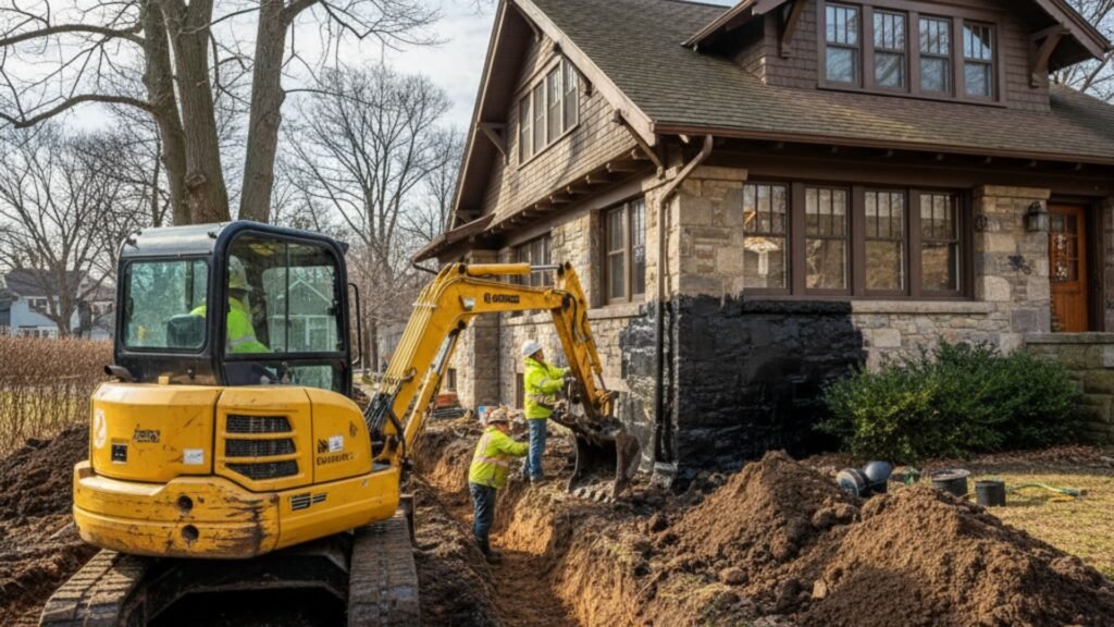 Mini excavator exposing foundation for waterproofing at craftsman bungalow in Ansonia CT