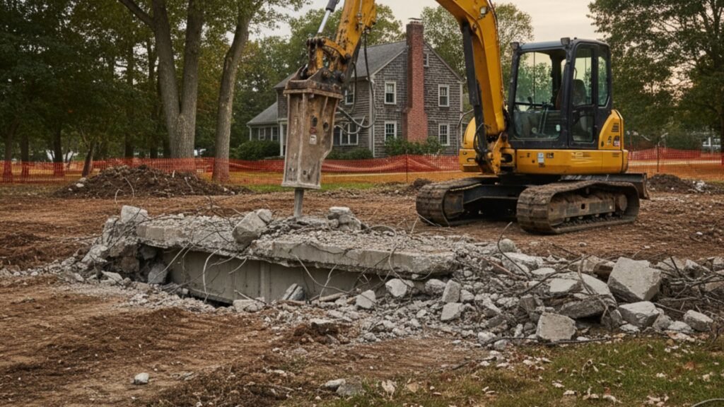 Compact excavator removing concrete at residential demolition site in Seymour CT