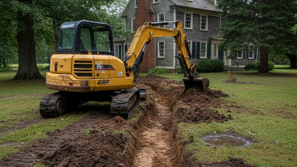 Mini excavator installing French drain system at Colonial home in Seymour CT