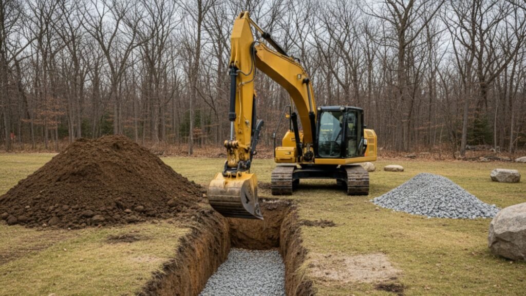 Professional excavator installing drainage system in Roxbury CT residential property
