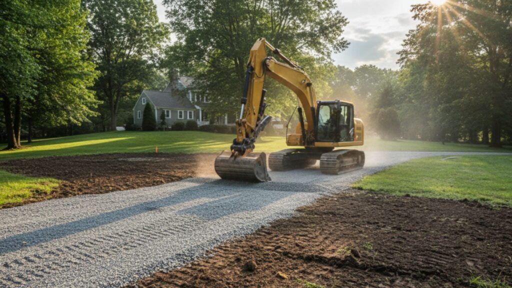 Professional excavator clearing land for residential driveway installation in Shelton Connecticut