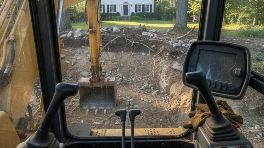 View from excavator cab showing foundation work near Colonial home in Newtown CT