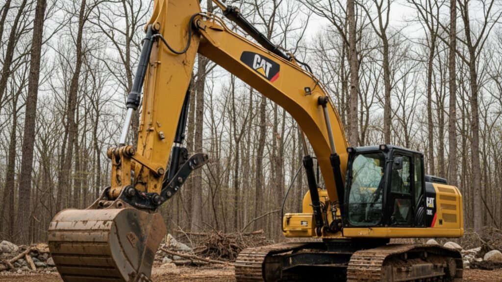 Yellow CAT excavator with extended arm on dirt ground surrounded by bare trees