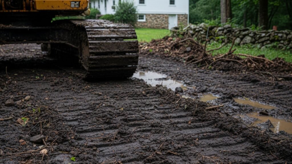 Ground view of excavator tracks and soil work at Cape Cod home in Woodbury CT