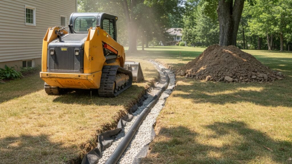 Summer French drain excavation project at colonial home Bridgewater Connecticut