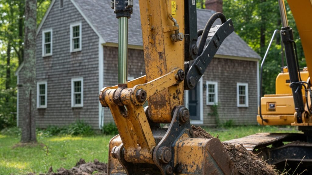 Close-up excavator hydraulics working near saltbox colonial house in Newtown Connecticut