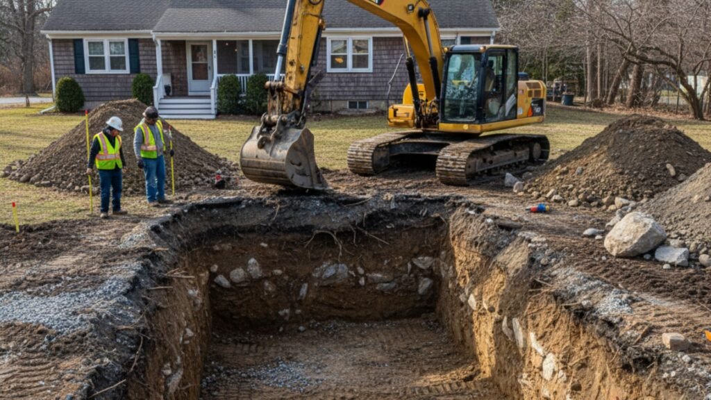 Large excavator digging swimming pool at bungalow home in Ansonia Connecticut with workers measuring