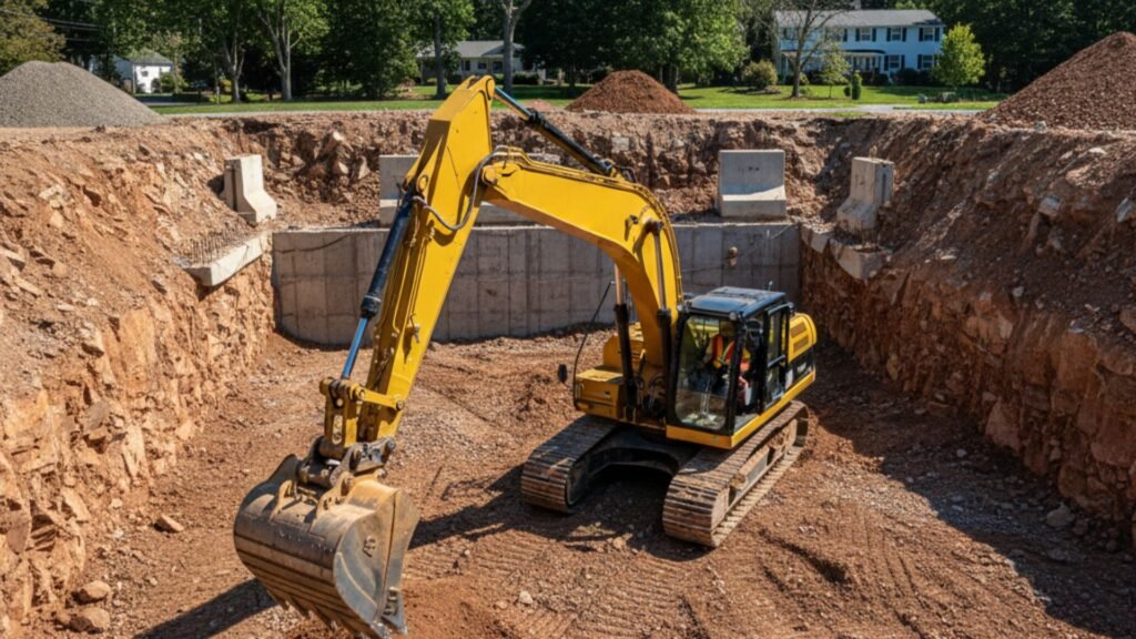 Yellow excavator operating in deep excavation pit with soil walls and concrete structures