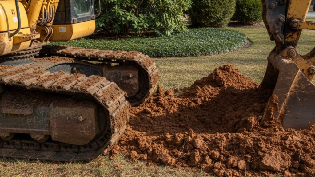Close-up of excavator tracks and soil displacement during residential excavation in Connecticut