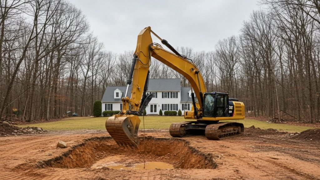 CAT excavator digging residential foundation in Monroe CT backyard with house in background
