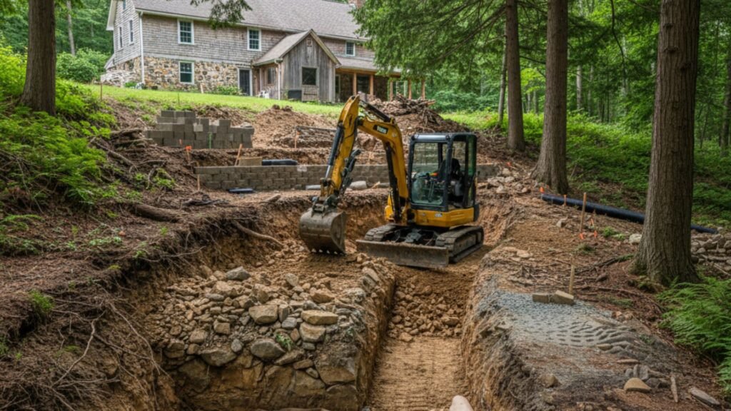 Mini excavator working on hillside retaining wall excavation in Southbury CT forest setting