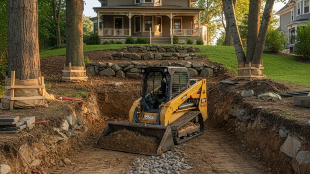 Compact track loader excavating for retaining wall on sloped property in Woodbridge CT