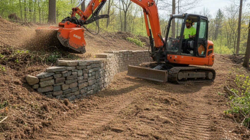 Mini excavator mulching vegetation around stone retaining wall on Connecticut slope