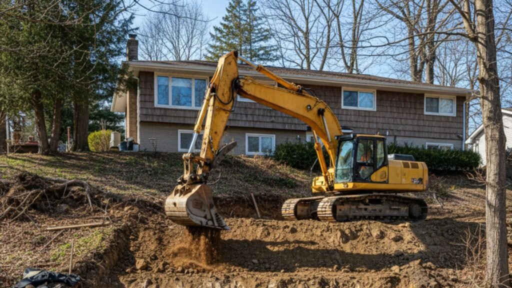 Large excavator performing slope stabilization at ranch home in Ansonia CT hillside location