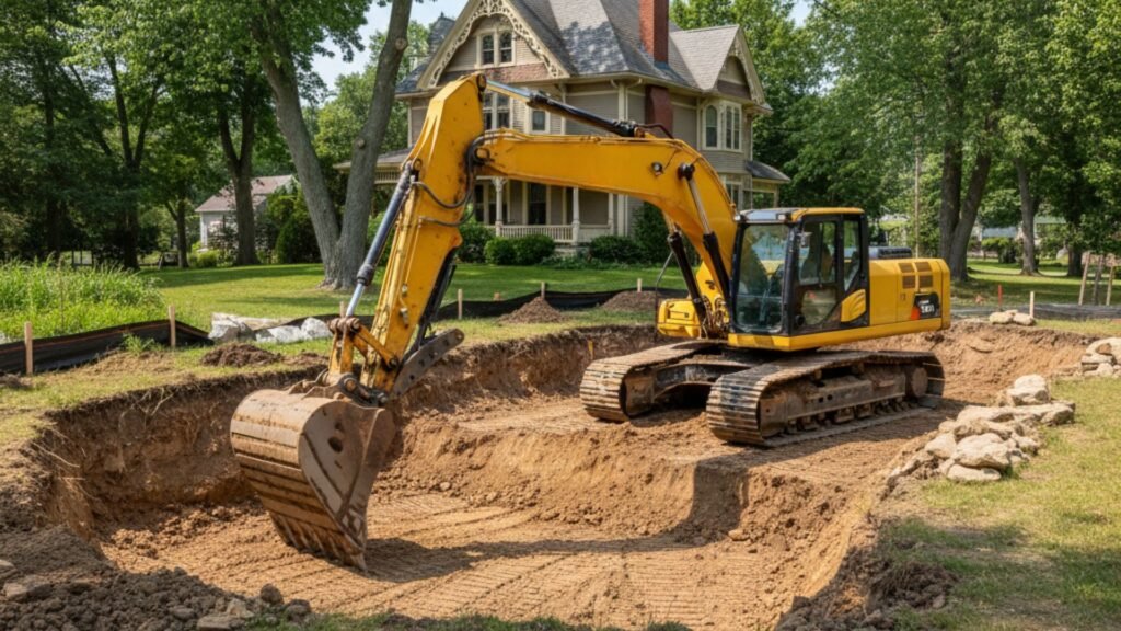 Tracked excavator creating stormwater retention area at Victorian home in Seymour CT