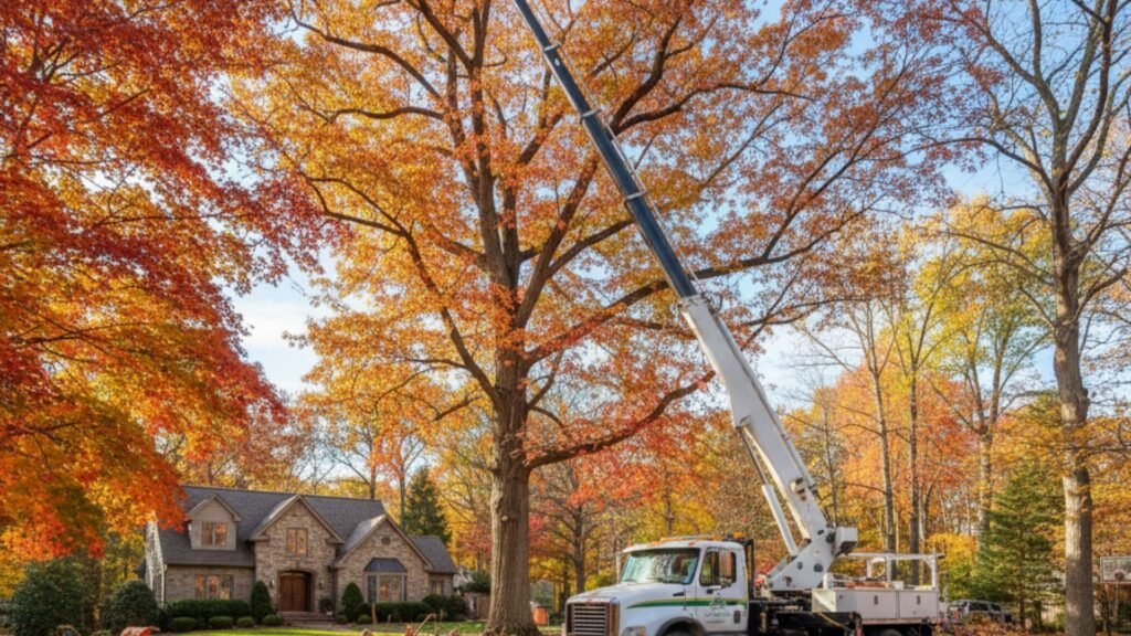 Professional tree service truck with boom crane in Connecticut residential driveway during autumn season
