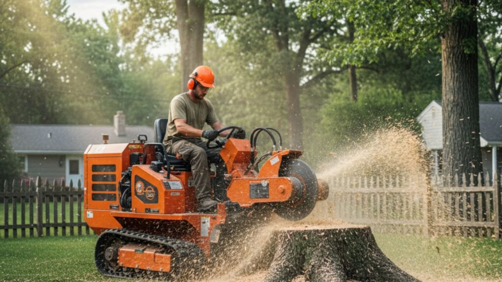 Orange stump grinder creating wood chips while removing oak stump in Connecticut backyard