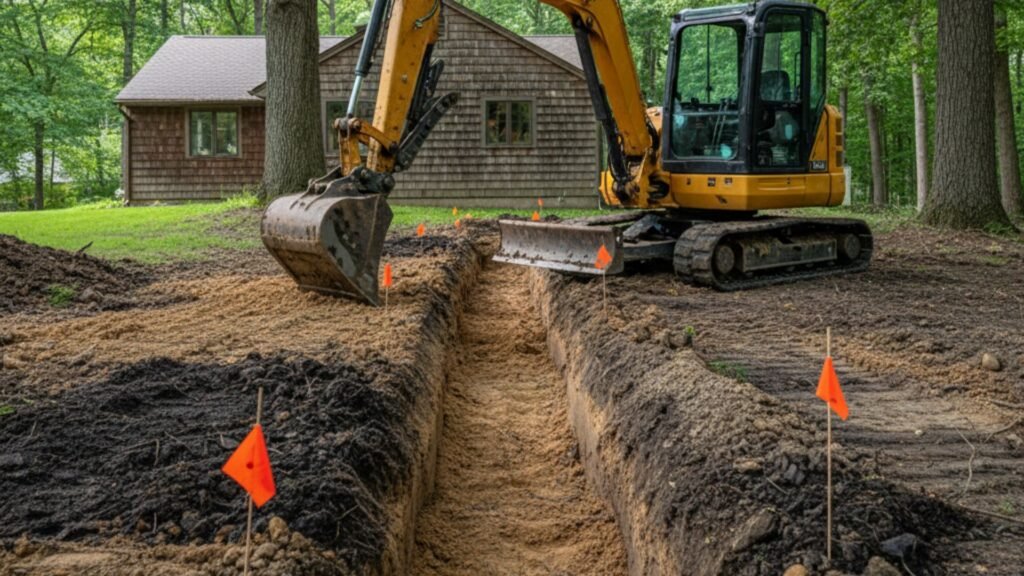 Professional utility trench excavation at residential property in Bridgewater CT