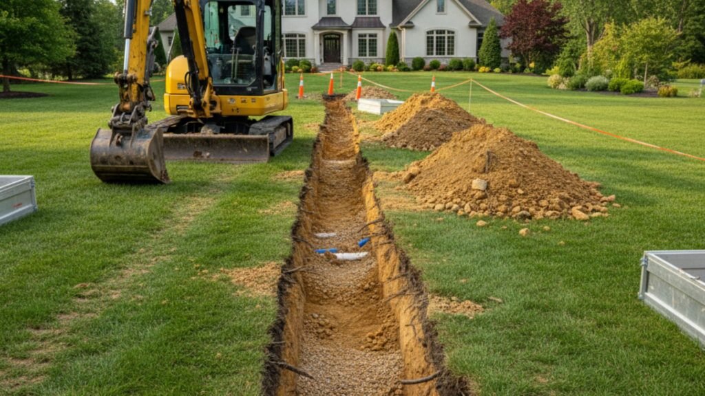 Utility trench excavation with compact excavator at residential property in Southbury CT