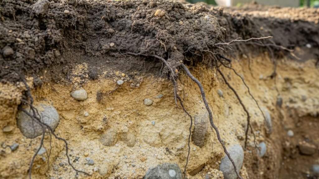 Foundation excavation showing soil layers and exposed roots in Watertown CT residential area