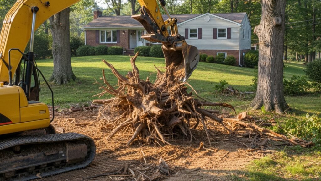Tree stump removal with excavator showing exposed roots in Watertown CT residential yard