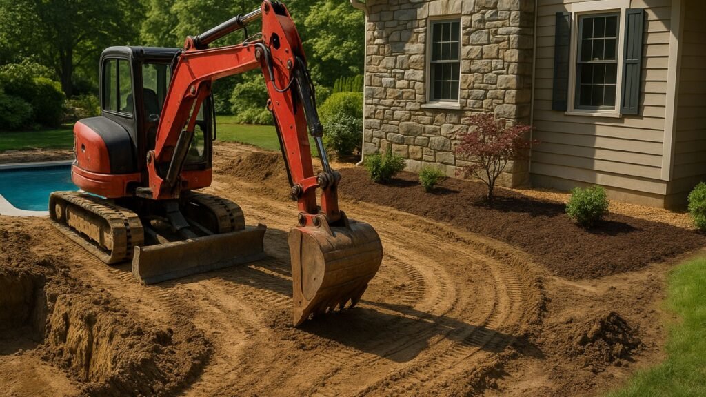 Red mini excavator performing final grading around completed Connecticut pool excavation