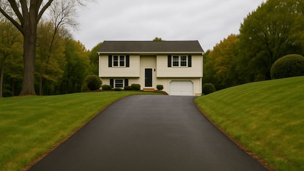 Uphill straight driveway leading to Connecticut split-level house