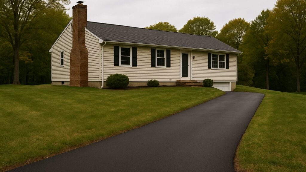 Offset straight driveway leading to ranch-style CT house