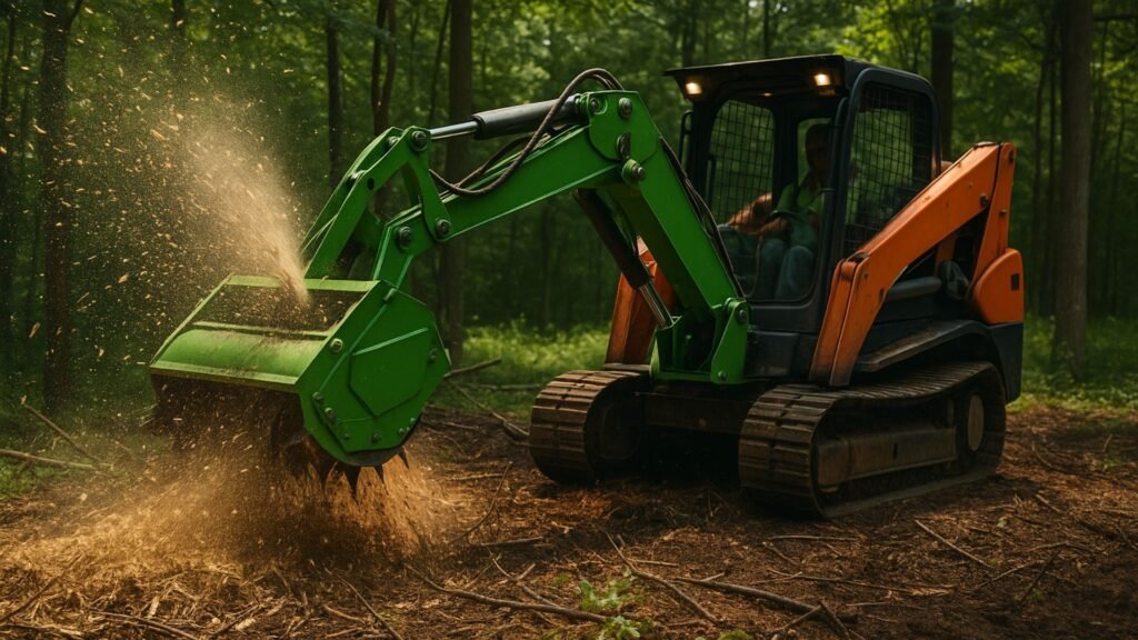Green forestry mulcher on skid steer clearing brush with wood chips flying