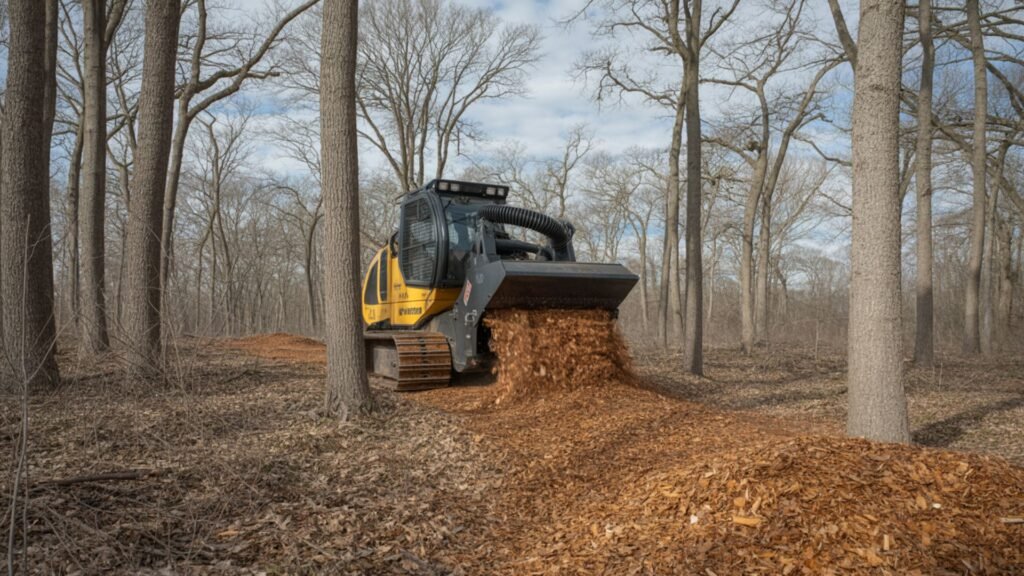Forestry mulcher clearing undergrowth in Connecticut woodland during winter