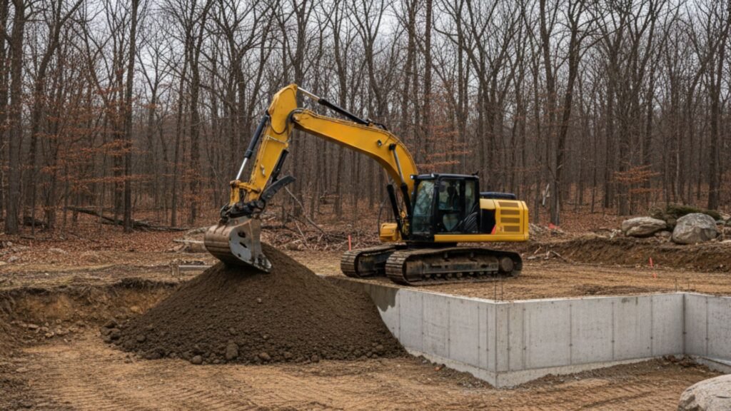 Excavator backfilling foundation walls at Roxbury CT residential construction site