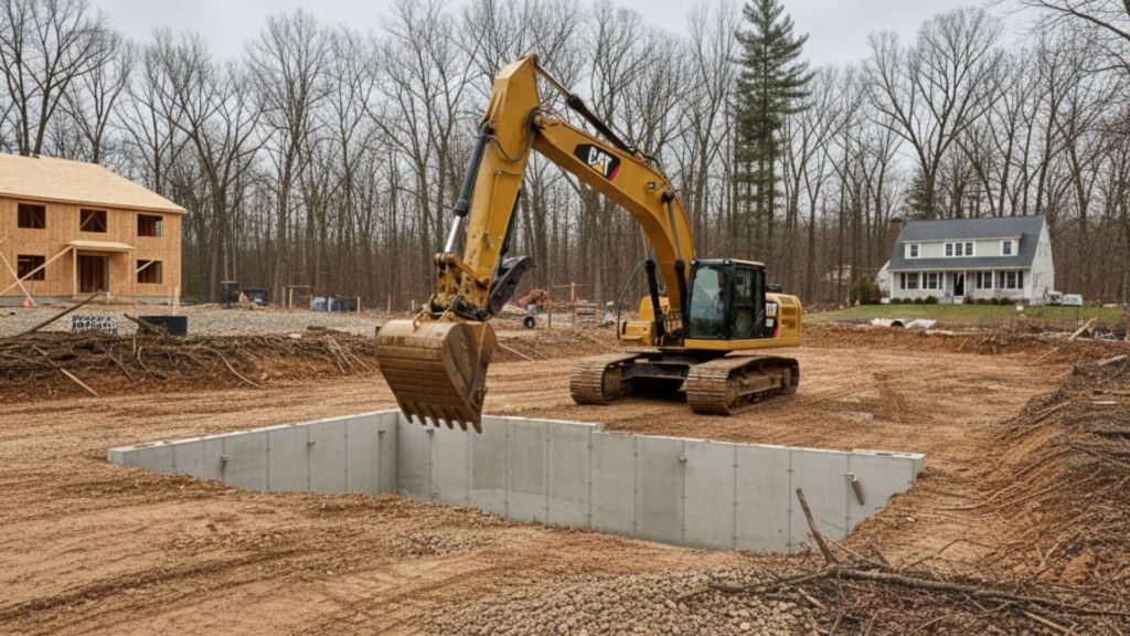 CAT excavator backfilling residential foundation in Monroe CT with professional excavation services
