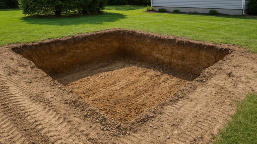 Fresh foundation excavation hole with soil walls in Connecticut residential construction site