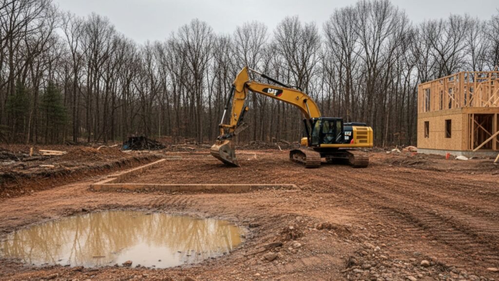 CAT excavator with hydraulic boom working on foundation excavation in Monroe CT
