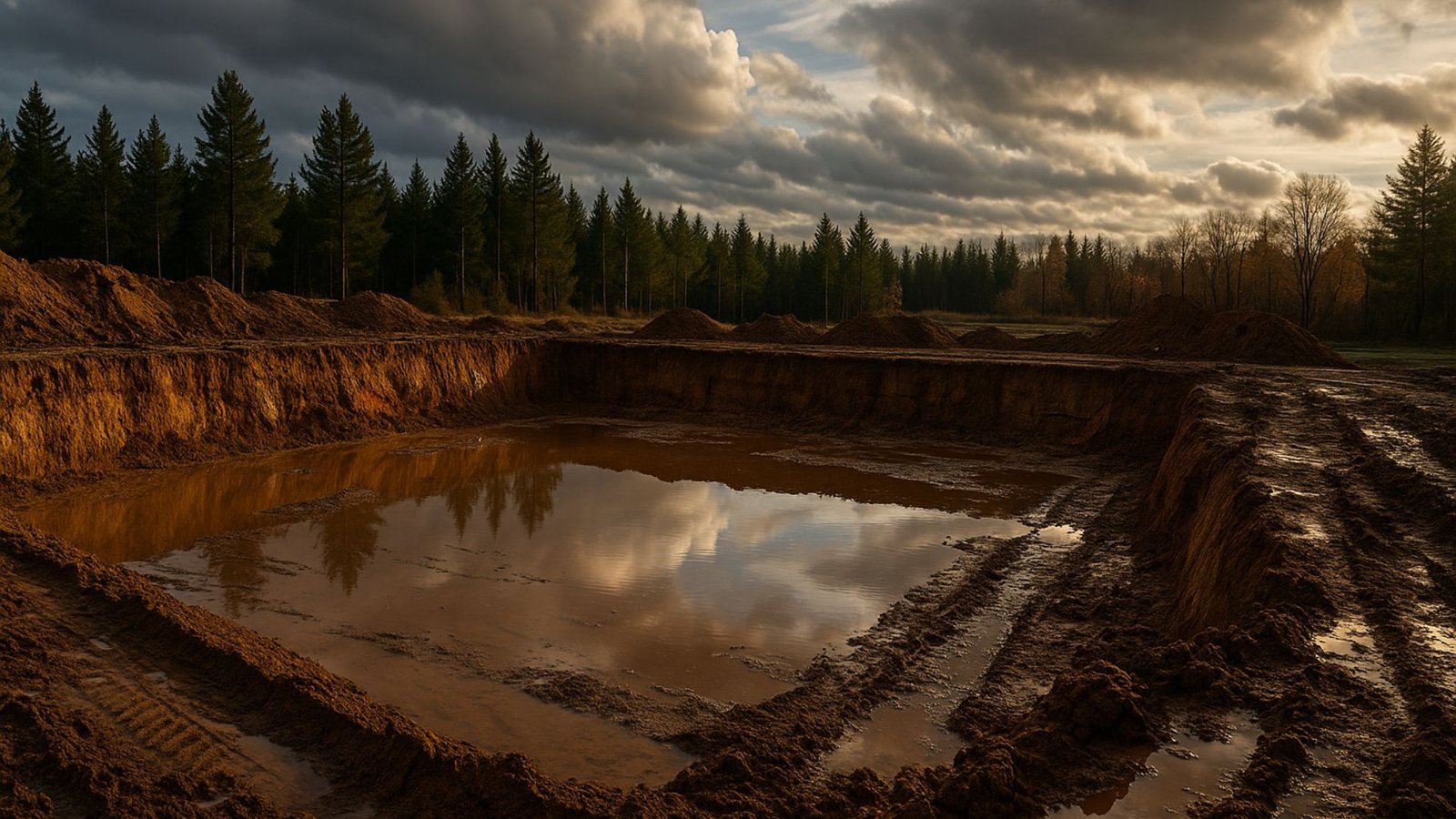 Foundation excavation pit with water puddles and wet soil after recent rainfall