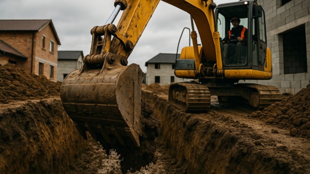 Excavator bucket lifting soil from foundation trench at residential construction project