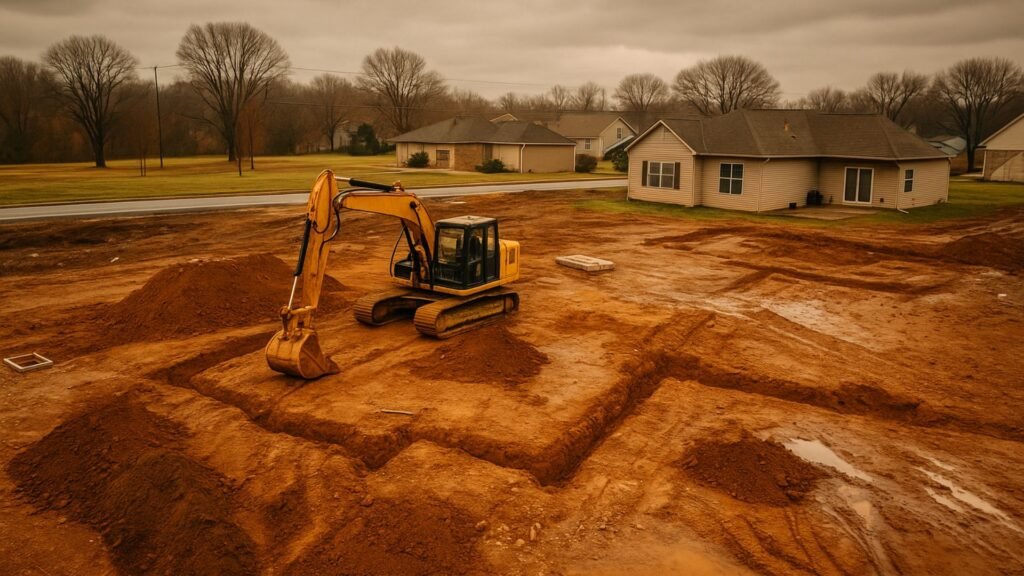 A yellow excavator digging foundation trenches in reddish-brown soil at a suburban construction site, with nearby homes and an overcast sky in the background.