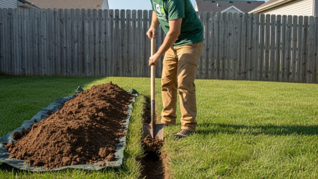 Professional contractor using trenching shovel for French drain installation in Connecticut