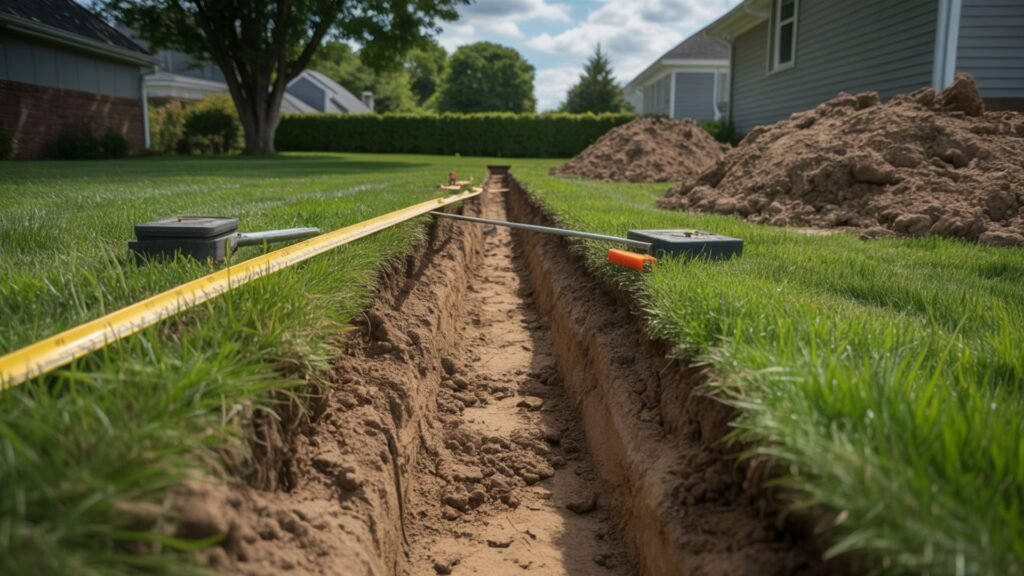 Professional French drain trench showing proper excavation depth and slope in Connecticut