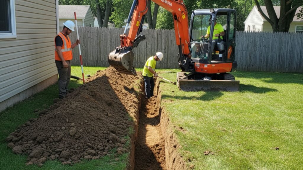 Workers digging French drain trench in Connecticut backyard with excavated soil pile