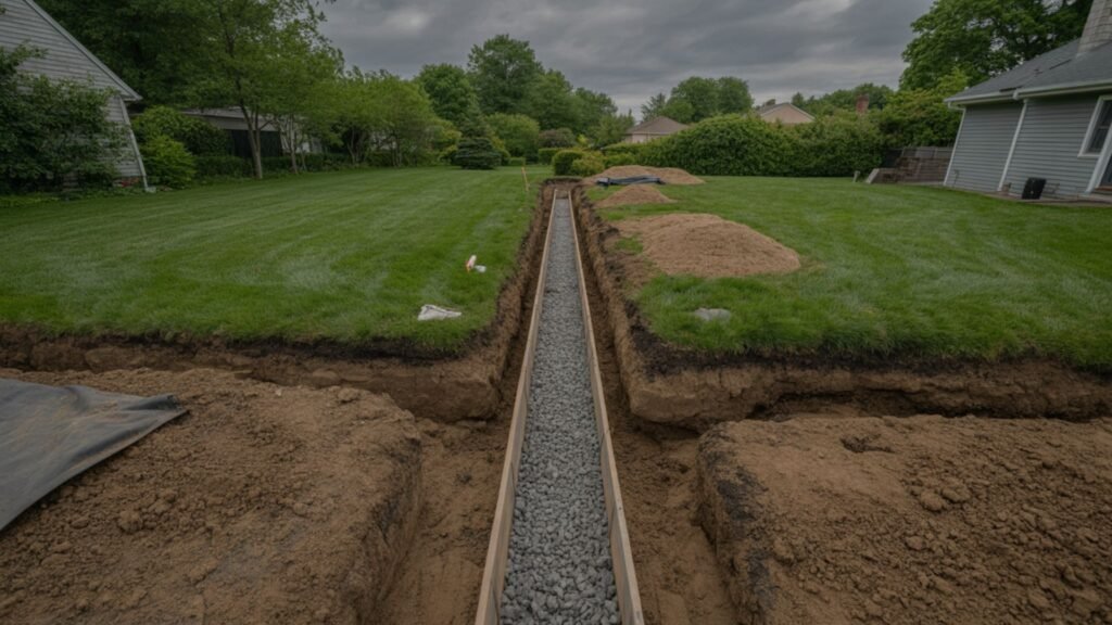French drain installation showing partial backfill progress in Connecticut residential yard